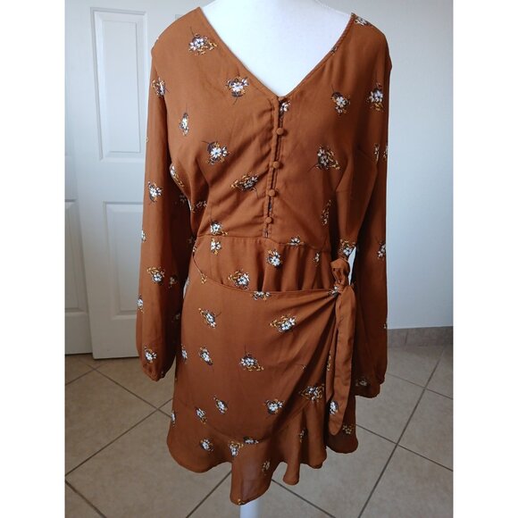 Abercrombie & Fitch Womens Brown Floral Mini Wrap Dress Long Sleeve - Picture 2 of 16